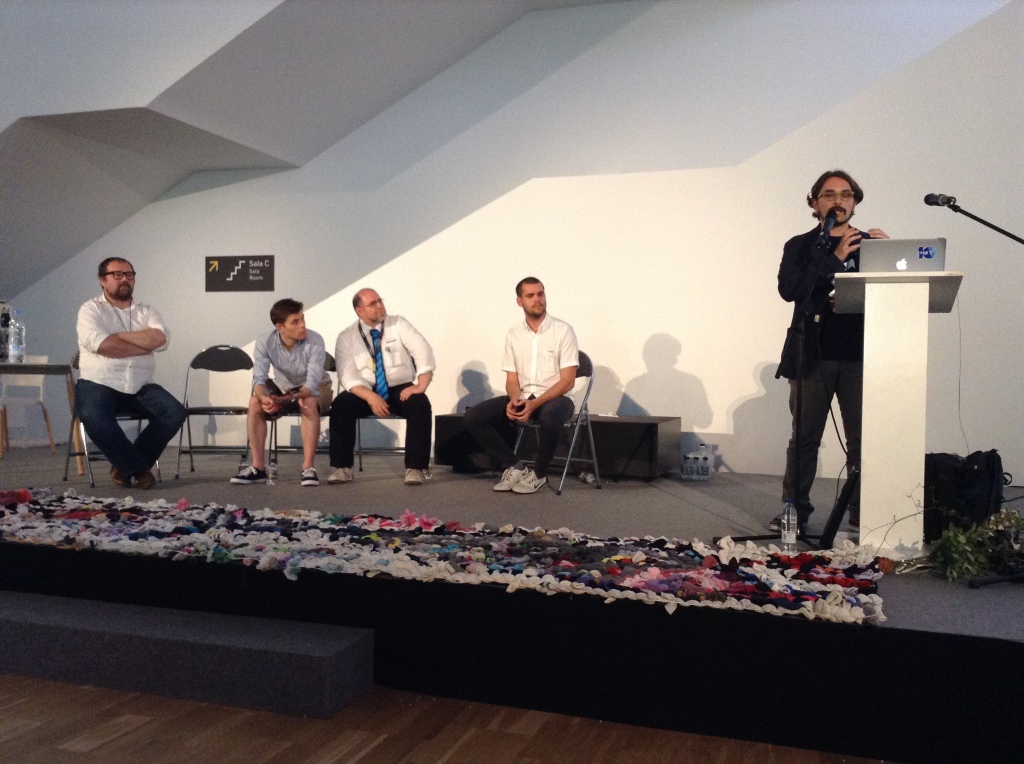 Open Hardware panel talk. From left to right: Massimo Banzi, Alastair Parvin, Giovanni Re, Tomas Diez and Simone Cicero